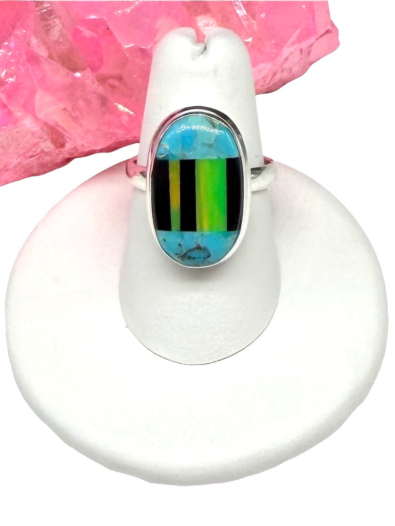 Kingman Turquoise Aurora Opal Black Onyx Ring Size 7 Solid 925 Sterling Silver